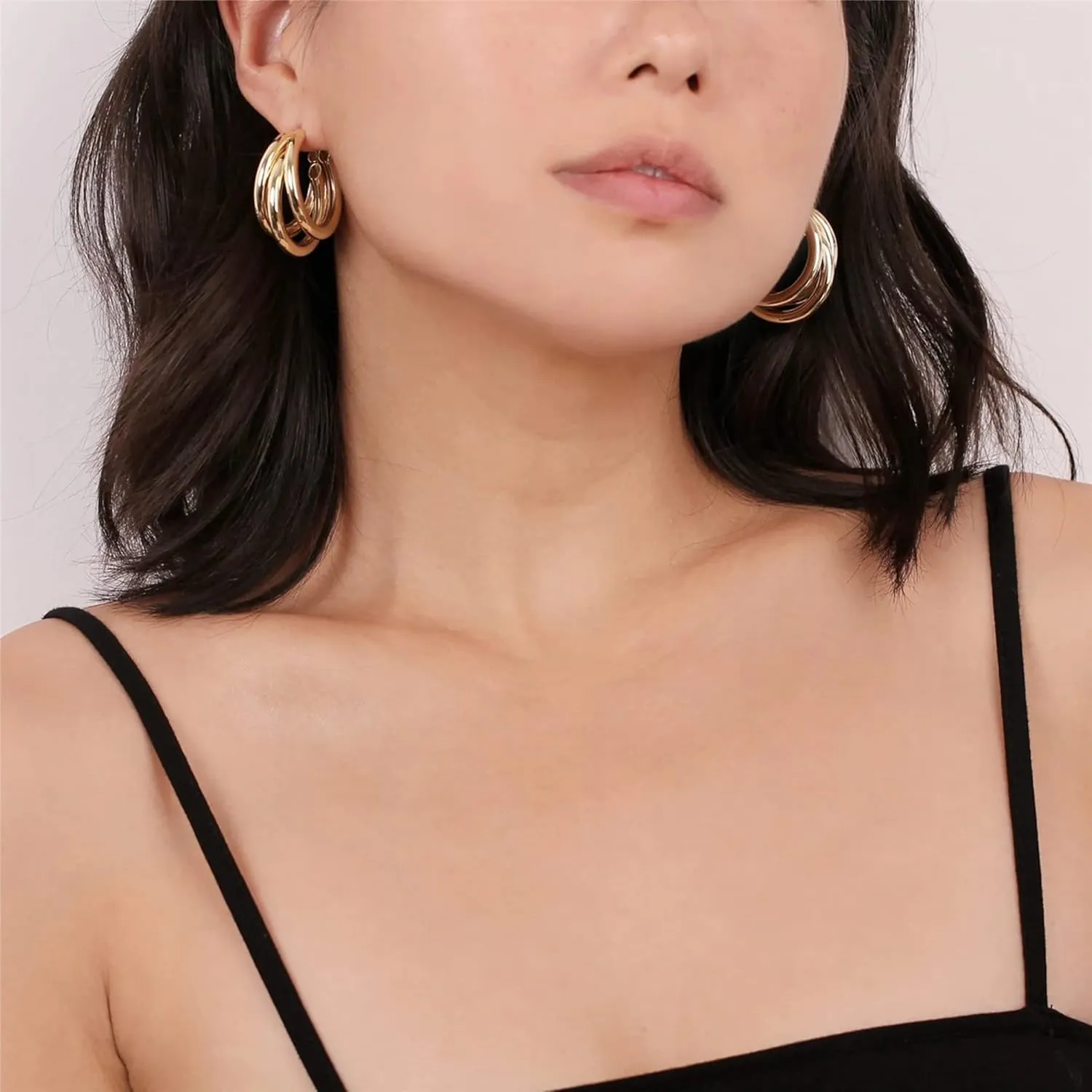 Chunky Gold Hoop Earrings for Women, 14k Gold Plated Thick Triple Hoop Earrings Hypoallergenic Trendy Chunky Gold Hoops Earrings Dainty Jewelry Gifts for Women