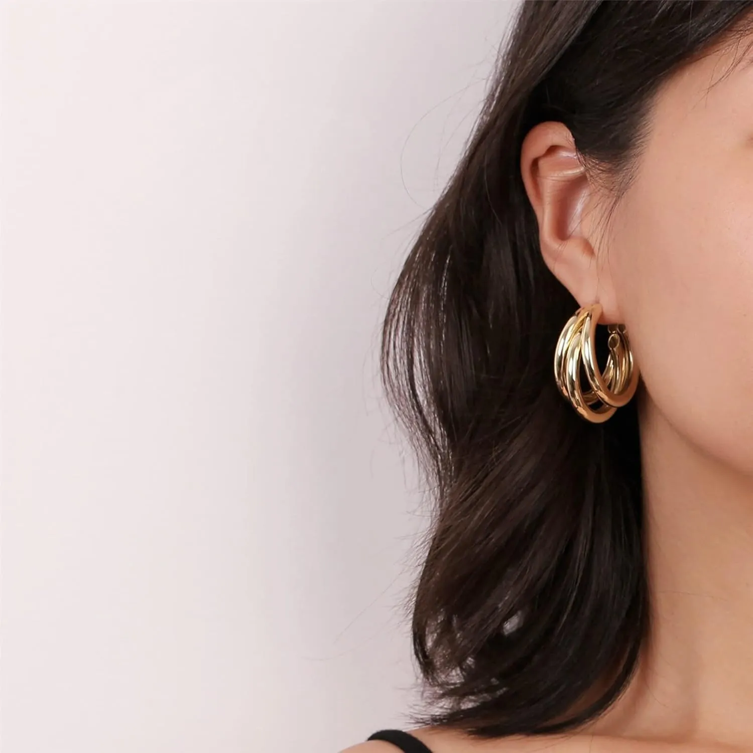 Chunky Gold Hoop Earrings for Women, 14k Gold Plated Thick Triple Hoop Earrings Hypoallergenic Trendy Chunky Gold Hoops Earrings Dainty Jewelry Gifts for Women