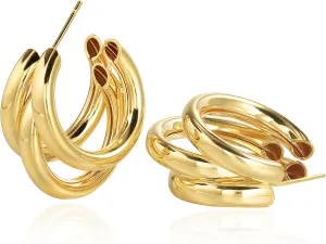 Chunky Gold Hoop Earrings for Women, 14k Gold Plated Thick Triple Hoop Earrings Hypoallergenic Trendy Chunky Gold Hoops Earrings Dainty Jewelry Gifts for Women