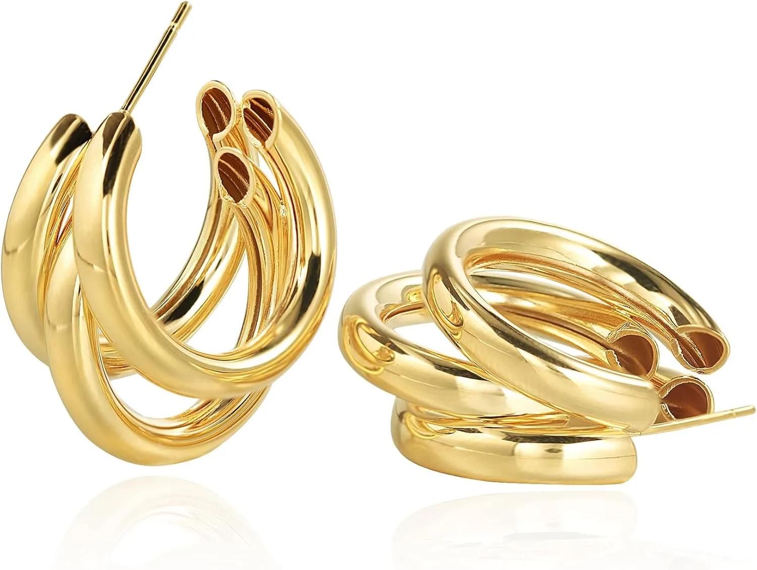 Chunky Gold Hoop Earrings for Women, 14k Gold Plated Thick Triple Hoop Earrings Hypoallergenic Trendy Chunky Gold Hoops Earrings Dainty Jewelry Gifts for Women