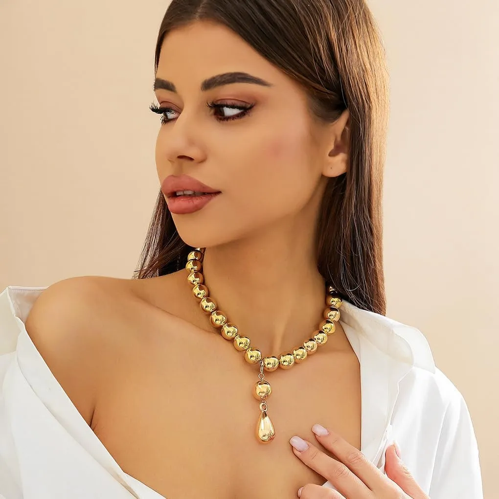 Chunky Gold Teardrop Pendant Necklace for Women Exaggerated Round Beaded Necklace Adjustable Statemnt Choker Necklace Trendy Birthday Jewelry Presents