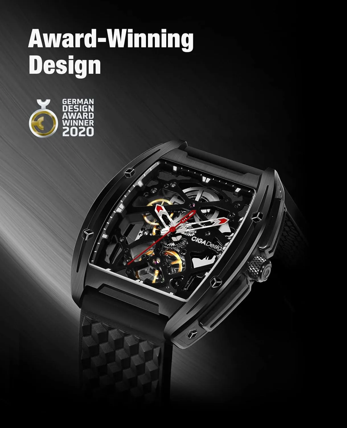 CIGA Design Z Series Automatic Mechanical Watch, Luxury Skeleton Wristwatch Tonneau with Leather and Silicone Strap Stainless Steel Business Dress Waterproof Timepiece Gifts for Men and Women