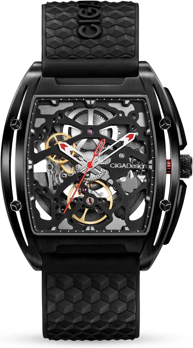 CIGA Design Z Series Automatic Mechanical Watch, Luxury Skeleton Wristwatch Tonneau with Leather and Silicone Strap Stainless Steel Business Dress Waterproof Timepiece Gifts for Men and Women