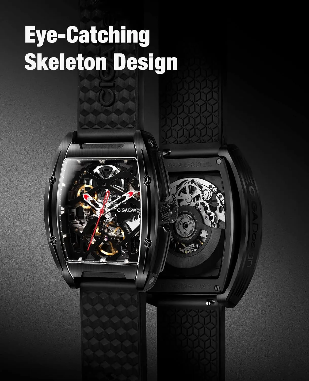 CIGA Design Z Series Automatic Mechanical Watch, Luxury Skeleton Wristwatch Tonneau with Leather and Silicone Strap Stainless Steel Business Dress Waterproof Timepiece Gifts for Men and Women