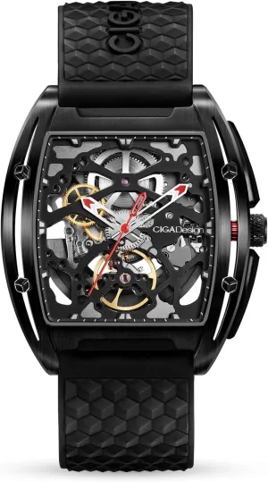 CIGA Design Z Series Automatic Mechanical Watch, Luxury Skeleton Wristwatch Tonneau with Leather and Silicone Strap Stainless Steel Business Dress Waterproof Timepiece Gifts for Men and Women