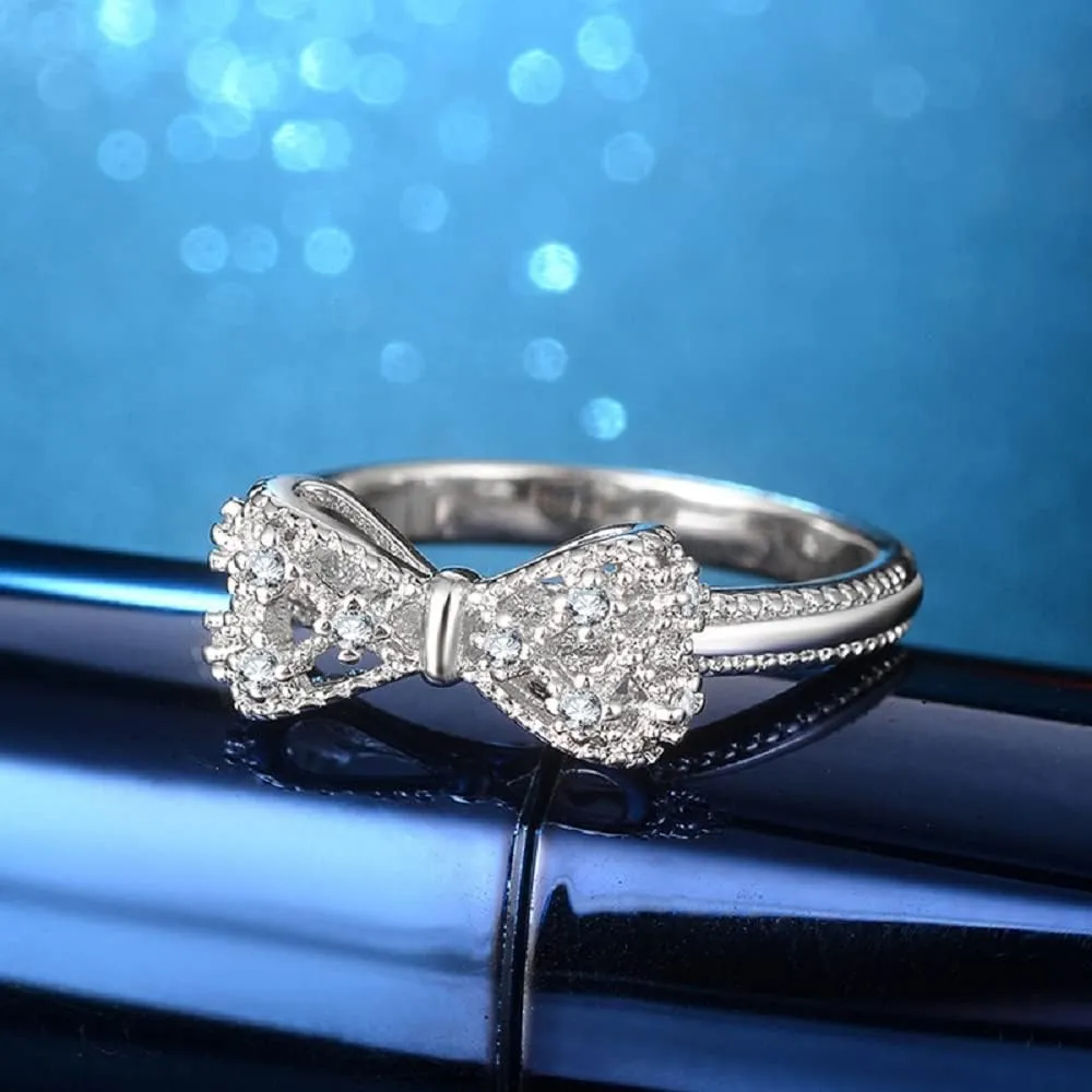 Classic Bow Tie CZ Cubic Zirconia Ring,Elegant Women/Girls Trendy Promise Ring. Bridal/Engagement Jewelry (US Size 9)