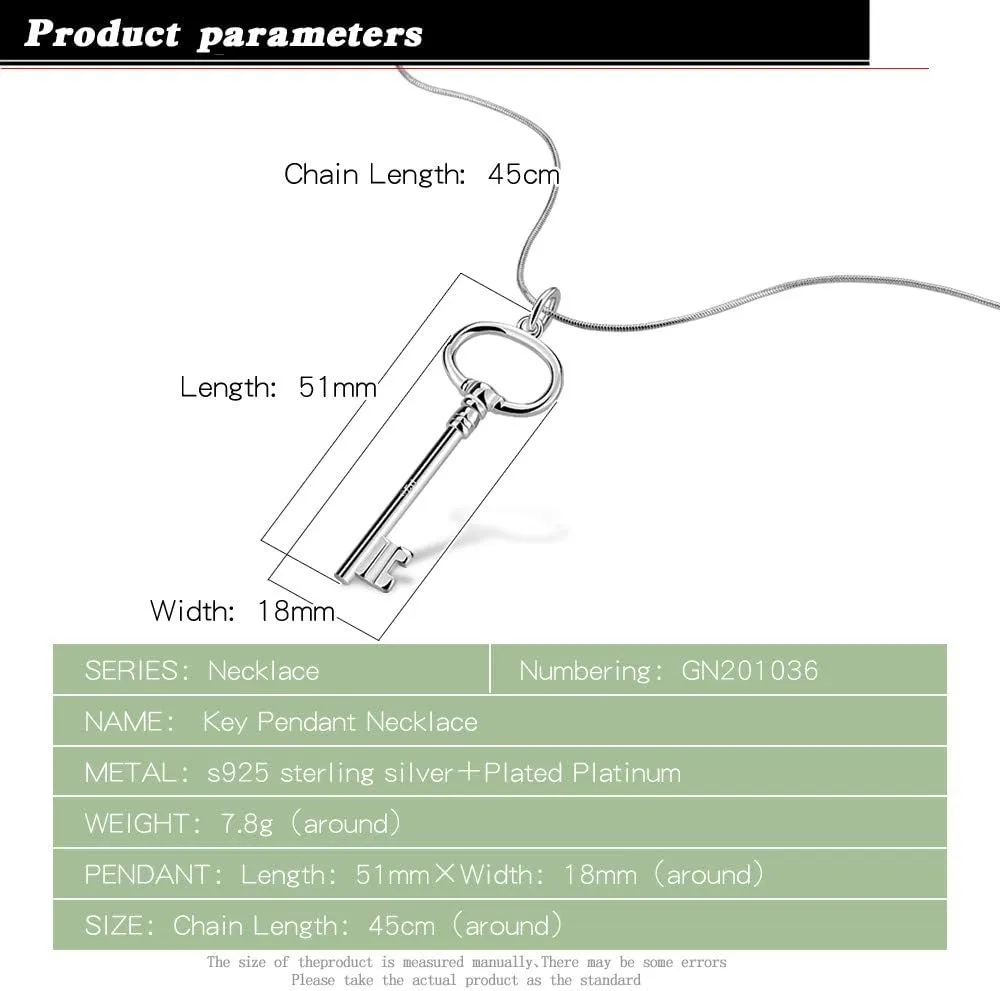 Classic female original silver necklace 925 silver key pendant necklace minimalism 45-60cm snake chain jewelry lobster clamp clasp