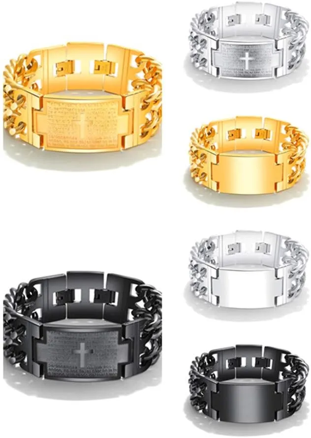 Classic Mens Stainless Steel Wide Bible Verse Lords Prayer Cross Bracelet Curb Link Chain Wrist for Men Religious Jewelry