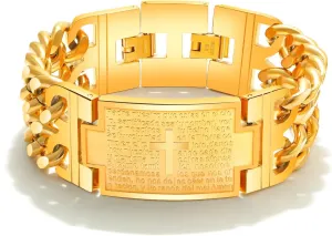 Classic Mens Stainless Steel Wide Bible Verse Lords Prayer Cross Bracelet Curb Link Chain Wrist for Men Religious Jewelry