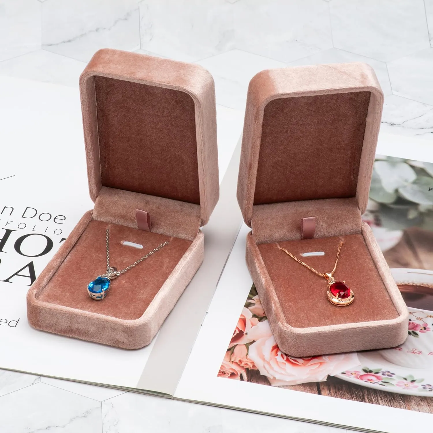 Classic Velvet Jewelry Gift Box Case for Necklace Pendant (Blush Peach)