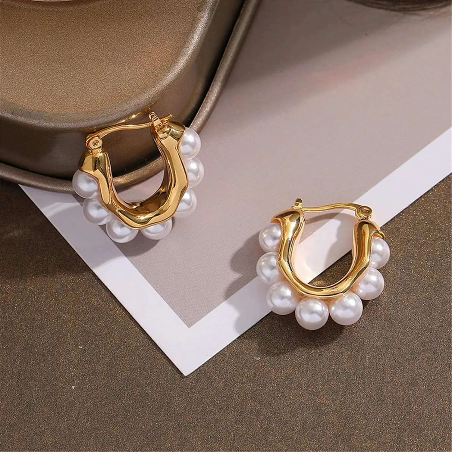 coadipress Pearl Hoop Earrings for Women Trendy Dainty 14k Gold Plated Pearl Hoop Earrings Classical White Chunky Pearl Huggie Earring Ladies Statement Charm Jewelry Gifts