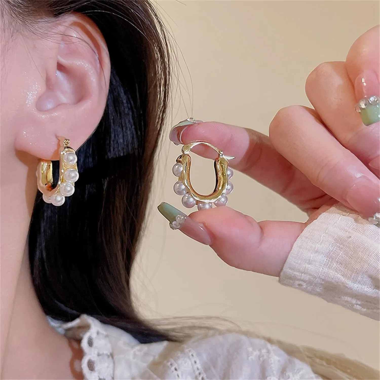 coadipress Pearl Hoop Earrings for Women Trendy Dainty 14k Gold Plated Pearl Hoop Earrings Classical White Chunky Pearl Huggie Earring Ladies Statement Charm Jewelry Gifts