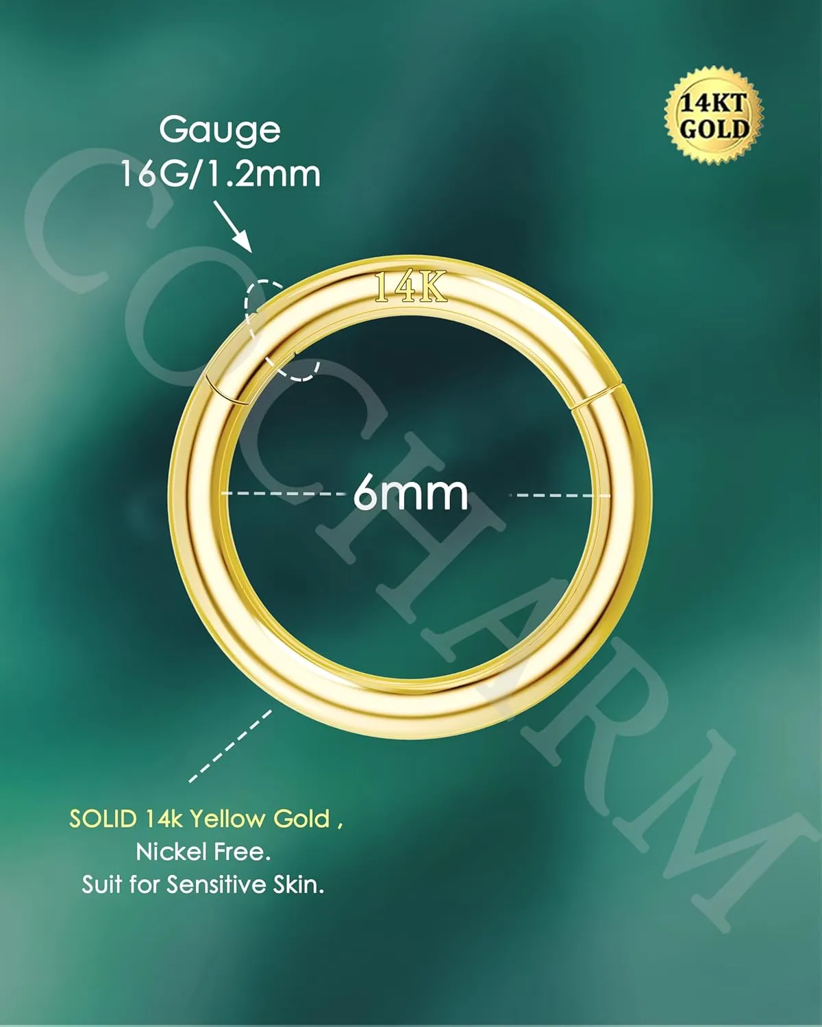 COCHARM 14K Solid Gold 18g/16g Nose Rings 16G Septum Rings Yellow Gold Tragus Helix Cartilage Conch Earring Hoops 18 Gauge Piercing Hoop