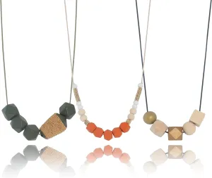 Coiris 3 Pcs Wooden Pendant Necklace Long Adjust Rope Chain Necklace Rustic Bohemian Necklaces Wooden Jewelry for Women Gift Disc Leaves Multiple Irregular Geometries