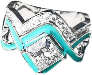 COLORFUL BLING Turquoise Ocean Wave Rings Set for Women 2 Pcs Natural Turquoise Crystal Joint Knuckle Rings Boho Vintage Enamel Western Geometric Twist Two-in-One Couples Rings