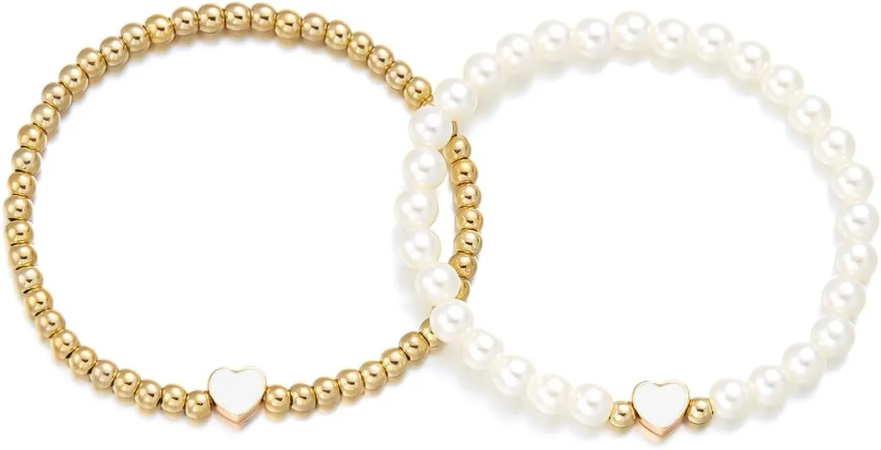 Colorful Heart Beaded Matching Couples Bracelets Chunky Simulated Pearl Stackable Stretch Bracelet Set Pinky Promise Heart Multilayered Elastic Bangles for Women Friendship Jewelry Gifts-White
