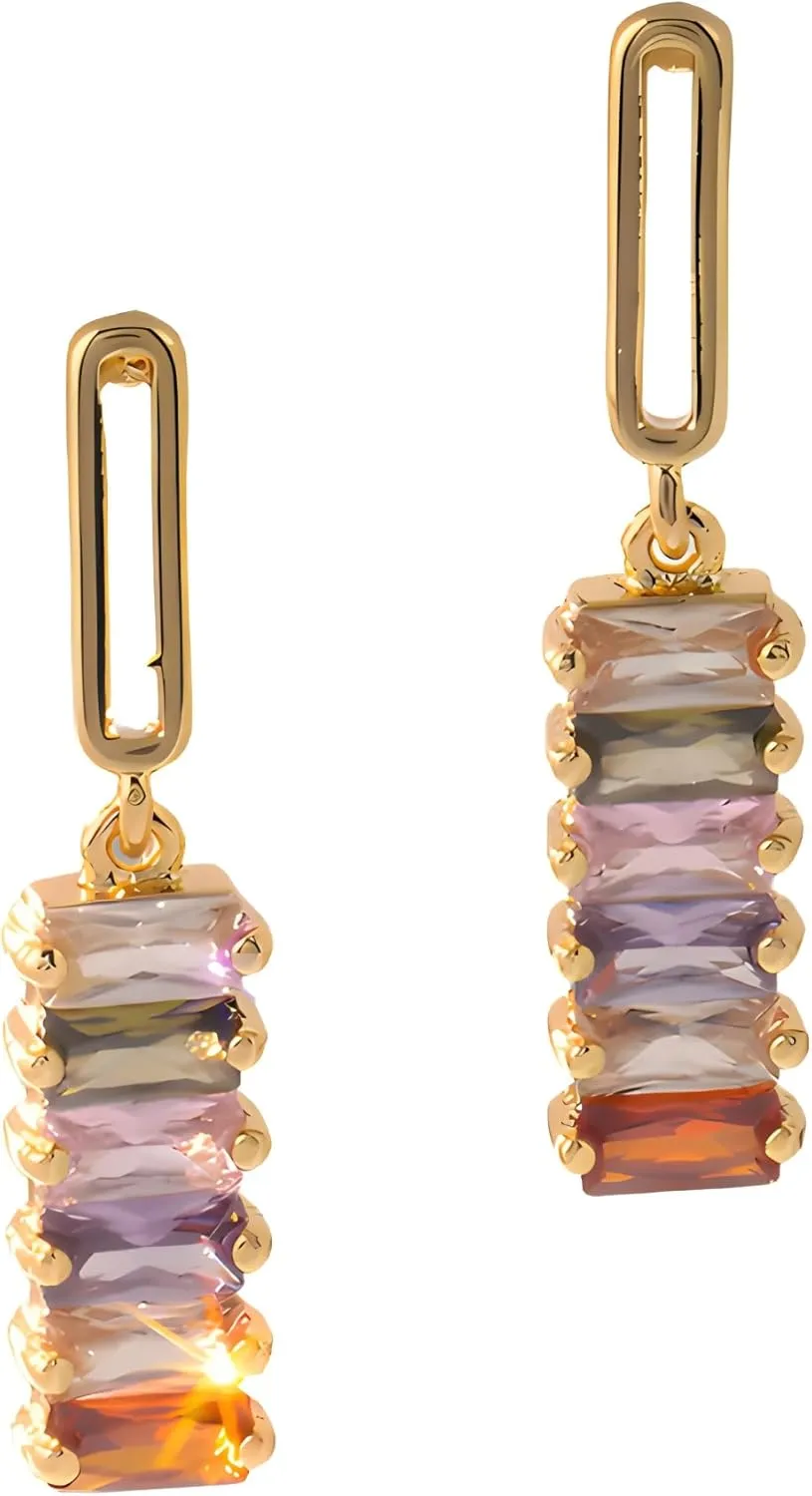 Colorful Zircon Dangle Earrings for Women18K Gold Plated Geometric Square Rainbow Sparkling Crystal S925 Sterling Silver Posts Hypoallergenic Dainty Multicolour Gemstone Drop Earringst