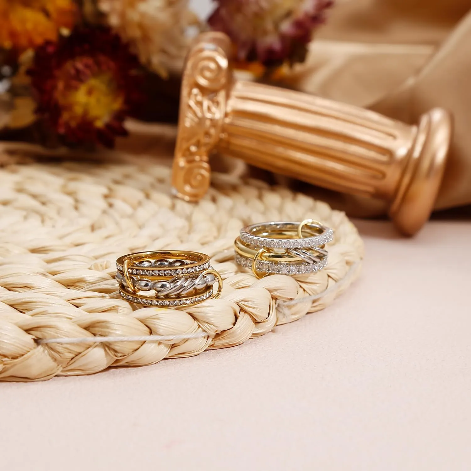COLOYAN 2 PCS Gold Stackable Mixed Metal Rings for Women Non Tarnish 14K Gold Plated Cubic Zirconia Rings Gold Silver Multi Ring