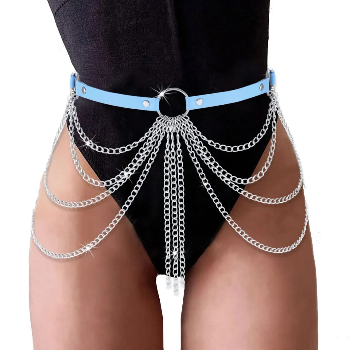 Cosydays Punk Waist Chain Belt Leather Body Chains Harness Tassels Ring Goth Belly Jewelry Layered Adjustable Party Rave Outfits Body Jewelry Accessoires for Women (Blue)