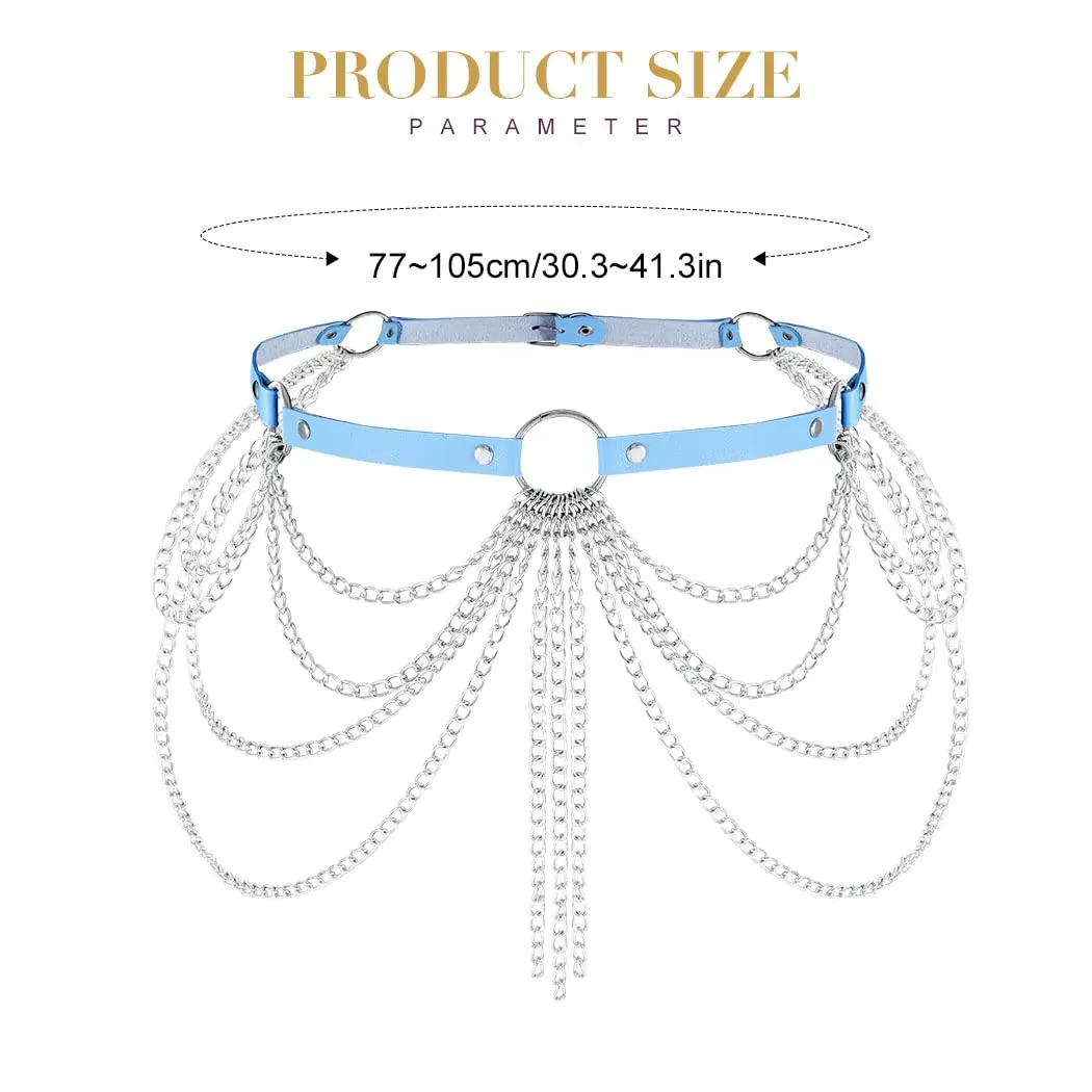 Cosydays Punk Waist Chain Belt Leather Body Chains Harness Tassels Ring Goth Belly Jewelry Layered Adjustable Party Rave Outfits Body Jewelry Accessoires for Women (Blue)