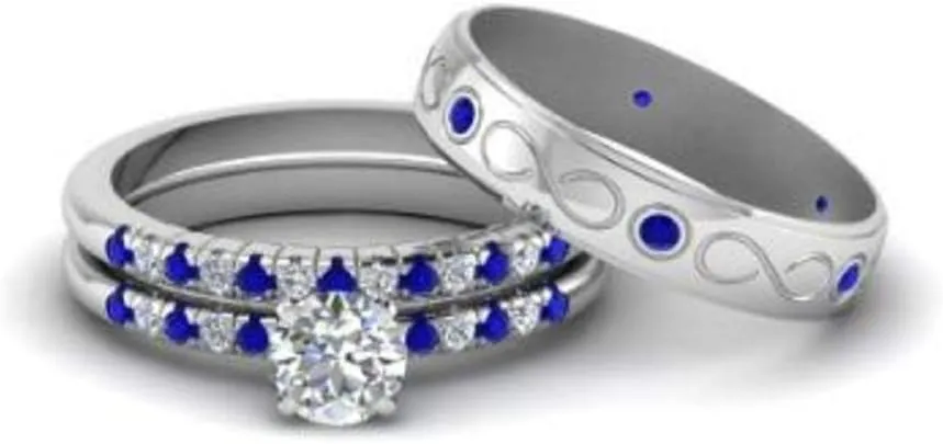 Couple Ring Bridal Sets His Hers Women 925 Sterling Silver CZ & Created Sapphire Men Wedding Engagement Ring Band Women's Size 4 & Men's Size 9