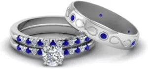 Couple Ring Bridal Sets His Hers Women 925 Sterling Silver CZ & Created Sapphire Men Wedding Engagement Ring Band Women's Size 4 & Men's Size 9