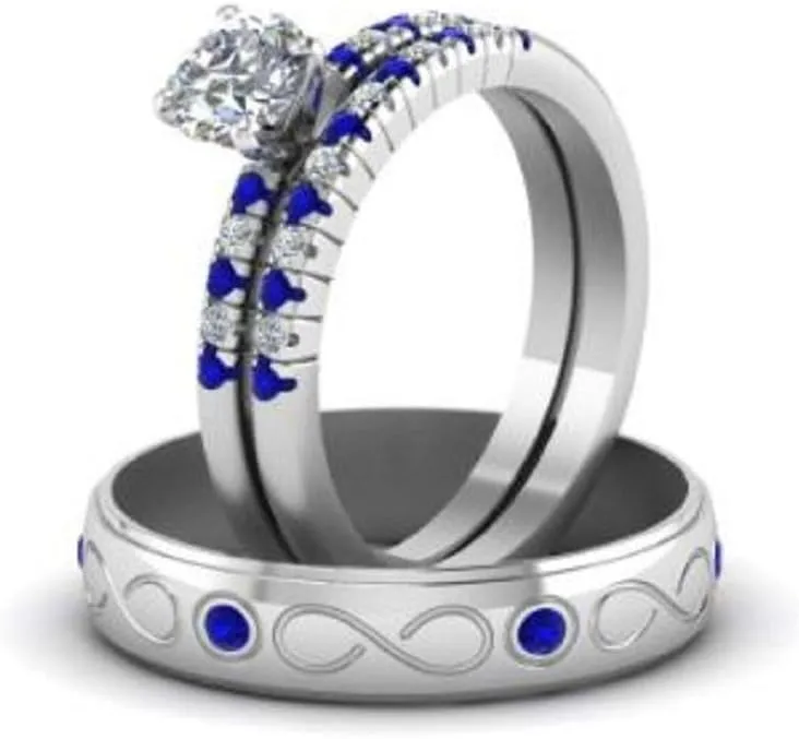 Couple Ring Bridal Sets His Hers Women 925 Sterling Silver CZ & Created Sapphire Men Wedding Engagement Ring Band