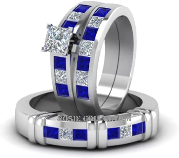 Couple Ring Bridal Sets His Hers Women 925 Sterling Silver White CZ & Blue Sapphire Wedding Engagement Ring Band
