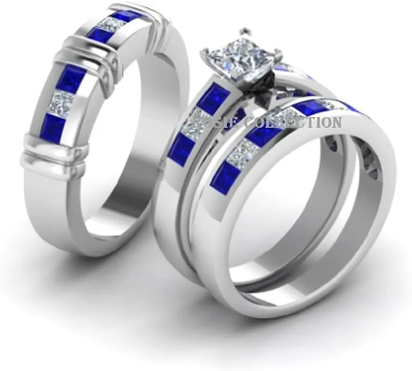 Couple Ring Bridal Sets His Hers Women 925 Sterling Silver White CZ & Blue Sapphire Wedding Engagement Ring Band
