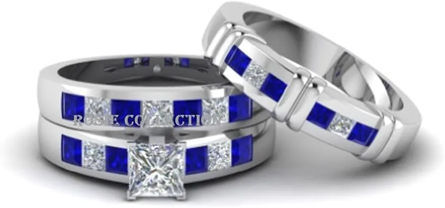 Couple Ring Bridal Sets His Hers Women 925 Sterling Silver White CZ & Blue Sapphire Wedding Engagement Ring Band
