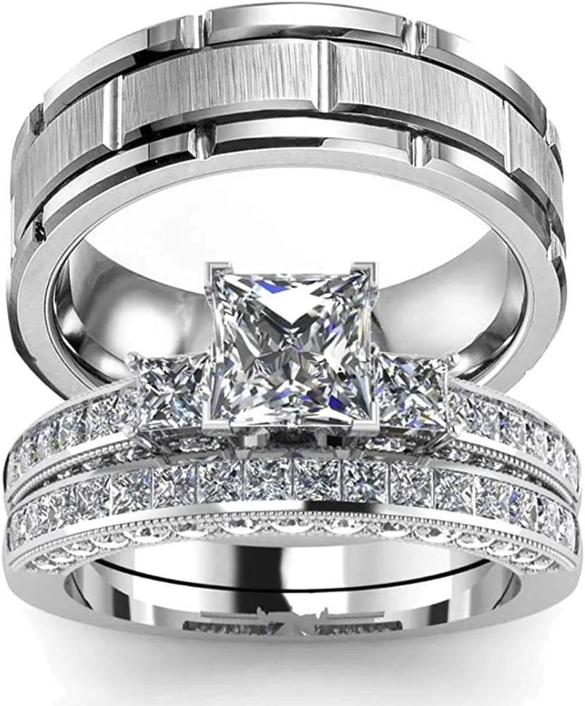 Couple Rings Women Exquisite Rhinestones Zirconia Rings Set Simple Stainless Steel Men Ring Fashion Jewelry For Lover Gifts IR0LG (Male-6)