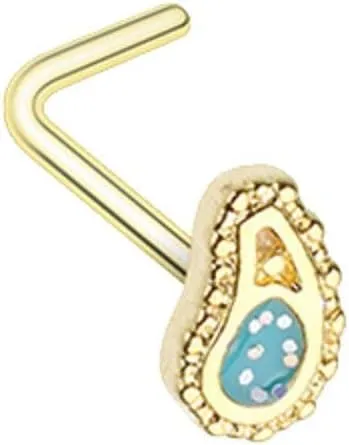 Covet Jewelry Golden Sparkling Ornate Paisley L-Shape Nose Ring