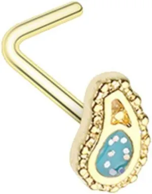 Covet Jewelry Golden Sparkling Ornate Paisley L-Shape Nose Ring