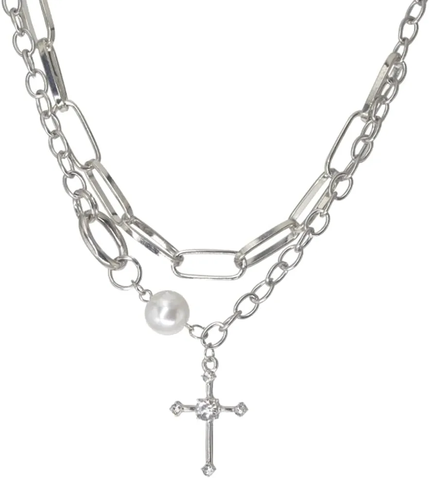 Cross Necklace Cross Double Layered Pendant Cross Layering Choker Linear Paperclip Chain Thick Short Metal Necklace Flat Chain Simple Paper Clip Twisted Necklace Jewelry for Women