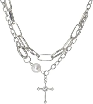 Cross Necklace Cross Double Layered Pendant Cross Layering Choker Linear Paperclip Chain Thick Short Metal Necklace Flat Chain Simple Paper Clip Twisted Necklace Jewelry for Women