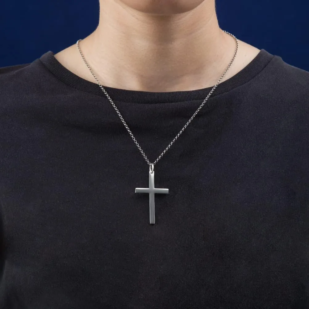 Cross Necklace for Men, 999 Sterling Silver Cross Pendant Simple Classic 925 Silver Rolo Chain Necklace