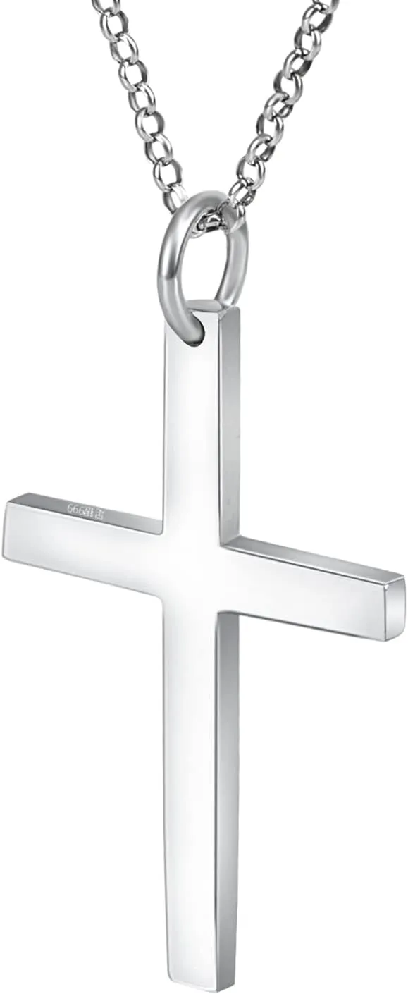 Cross Necklace for Men, 999 Sterling Silver Cross Pendant Simple Classic 925 Silver Rolo Chain Necklace