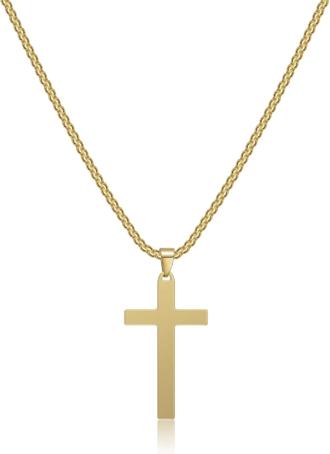 Cross Necklace for Men, Stainless Steel Cross Pendant Necklace Layered Cuban Link Chain Crucifix Necklace Silver Black Gold Cross Chain Cross Jewelry