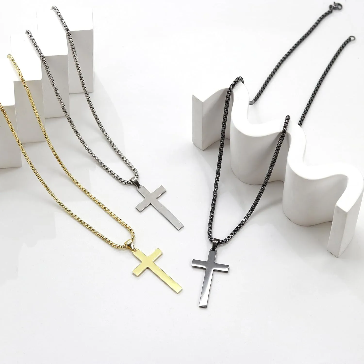 Cross Necklace for Men, Stainless Steel Cross Pendant Necklace Layered Cuban Link Chain Crucifix Necklace Silver Black Gold Cross Chain Cross Jewelry
