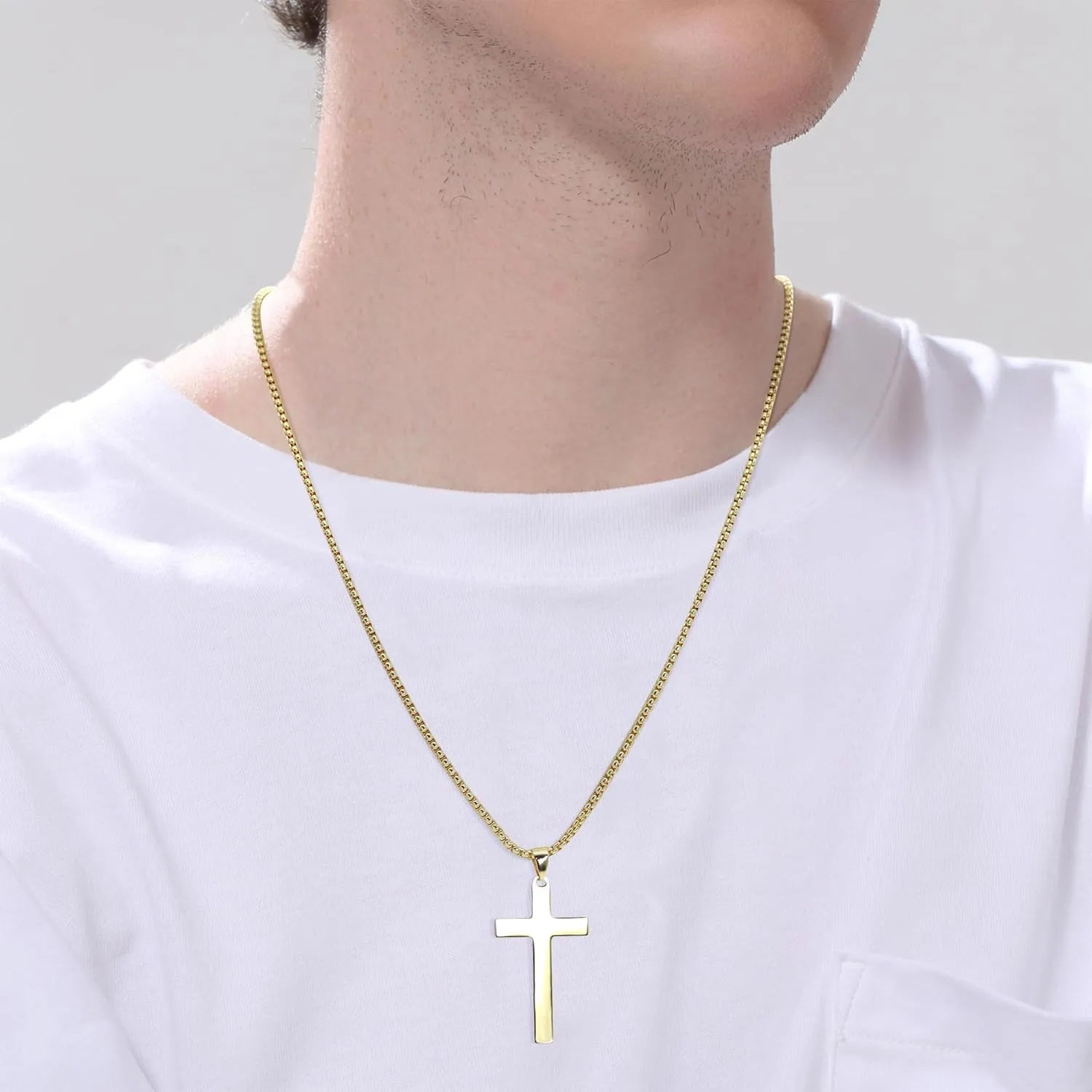Cross Necklace for Men, Stainless Steel Cross Pendant Necklace Layered Cuban Link Chain Crucifix Necklace Silver Black Gold Cross Chain Cross Jewelry