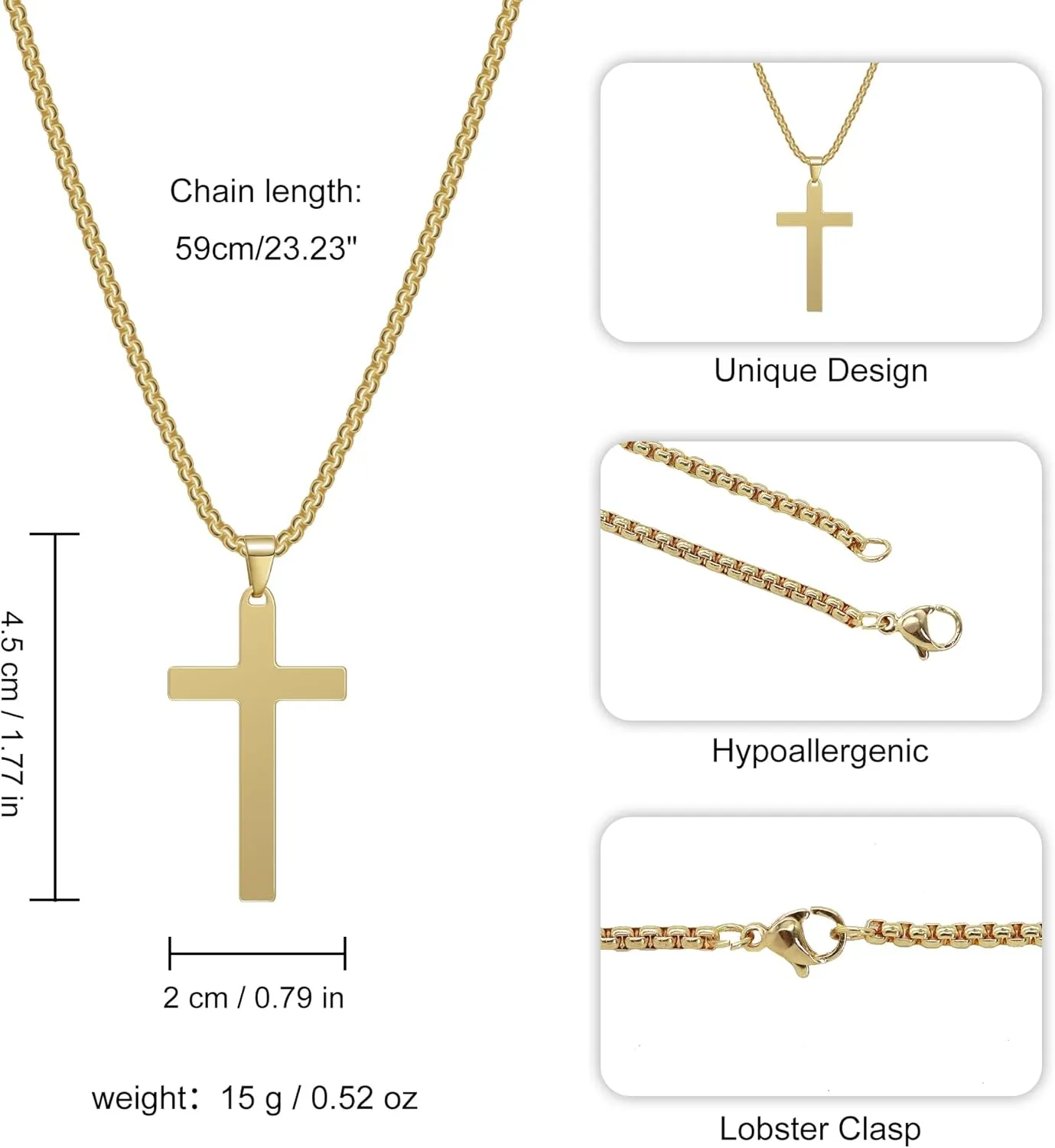 Cross Necklace for Men, Stainless Steel Cross Pendant Necklace Layered Cuban Link Chain Crucifix Necklace Silver Black Gold Cross Chain Cross Jewelry