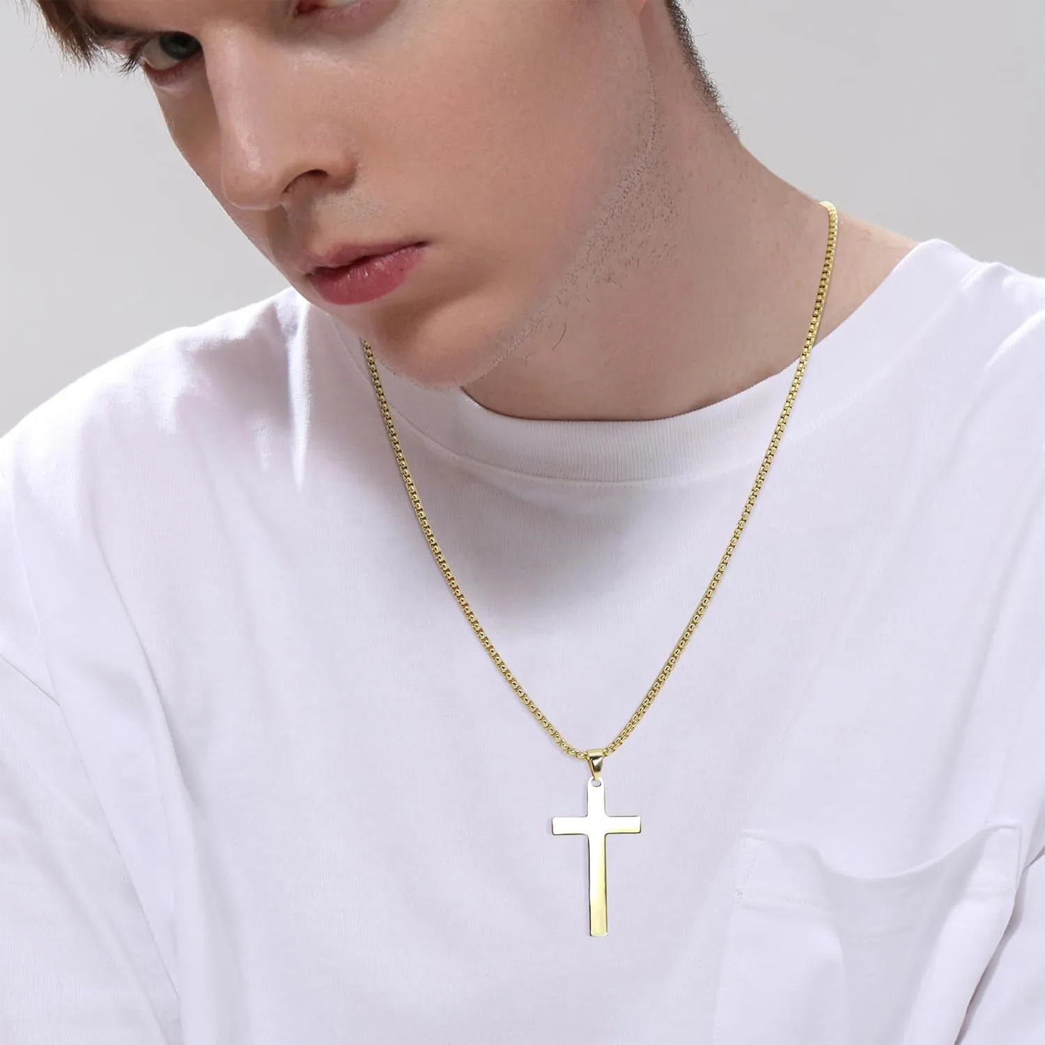 Cross Necklace for Men, Stainless Steel Cross Pendant Necklace Layered Cuban Link Chain Crucifix Necklace Silver Black Gold Cross Chain Cross Jewelry