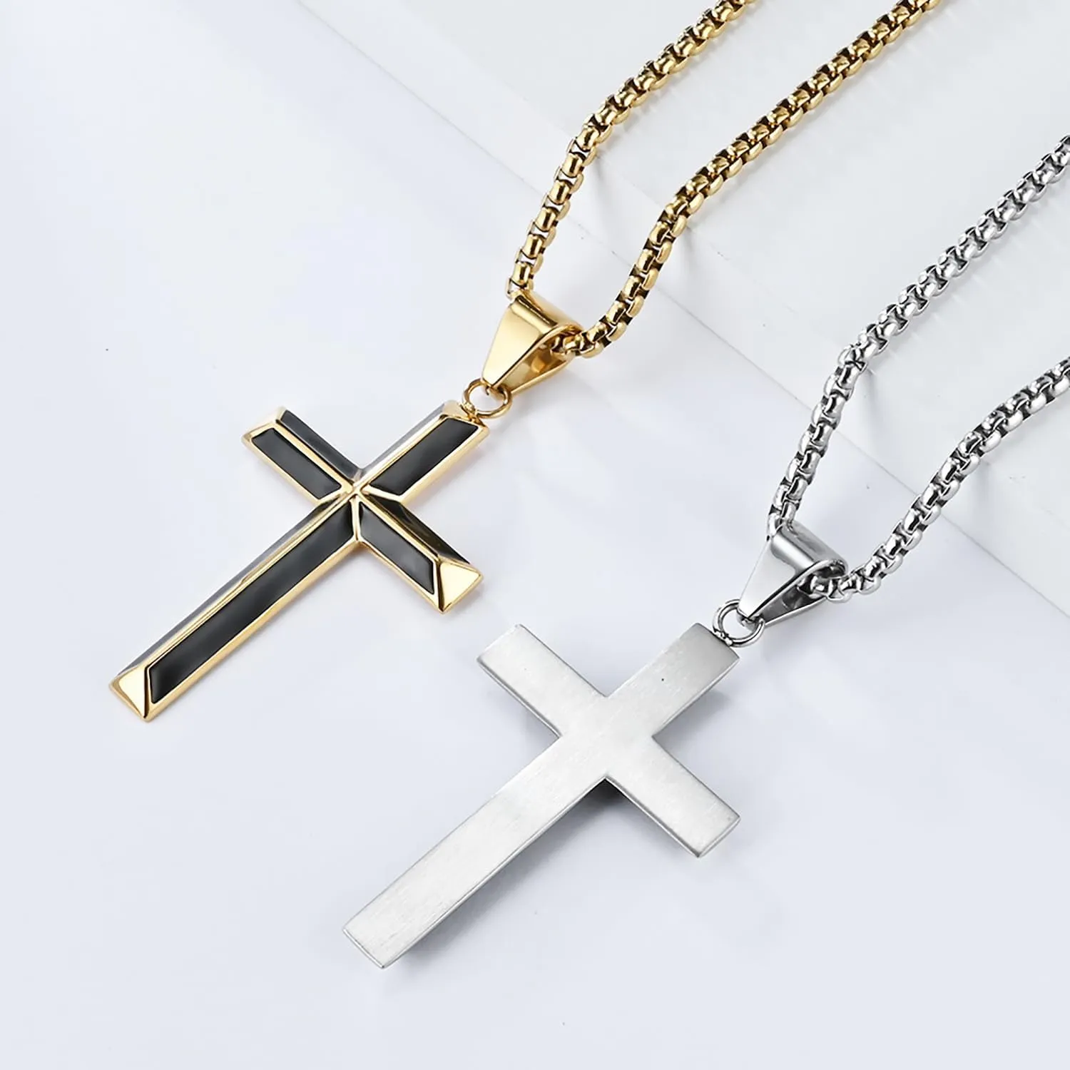 Cross Necklace for Men,Stainless Steel Black Gold Silver Jesus Christ Crucifix Pendant Necklaces Jewelry60cm Rolo Chain