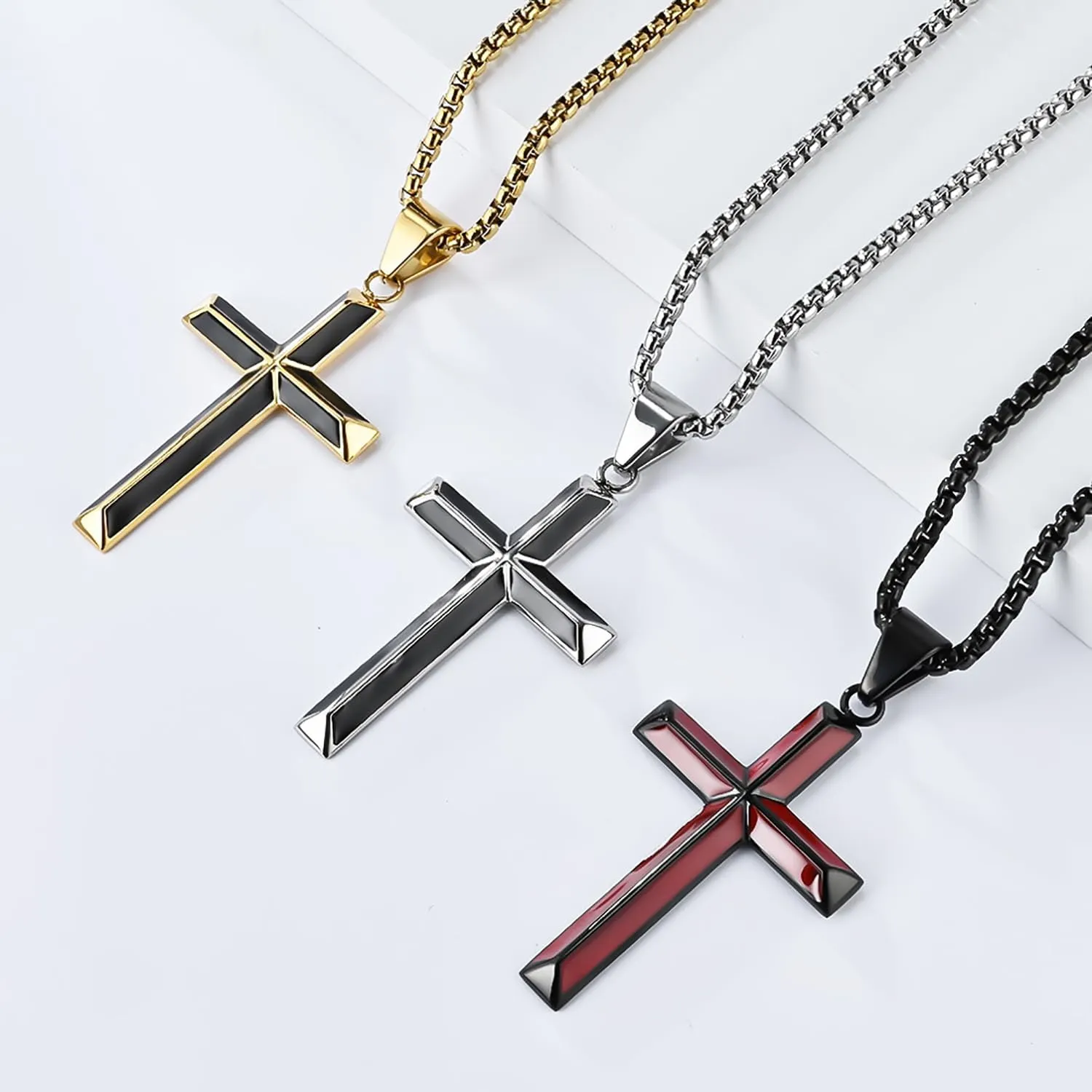 Cross Necklace for Men,Stainless Steel Black Gold Silver Jesus Christ Crucifix Pendant Necklaces Jewelry60cm Rolo Chain