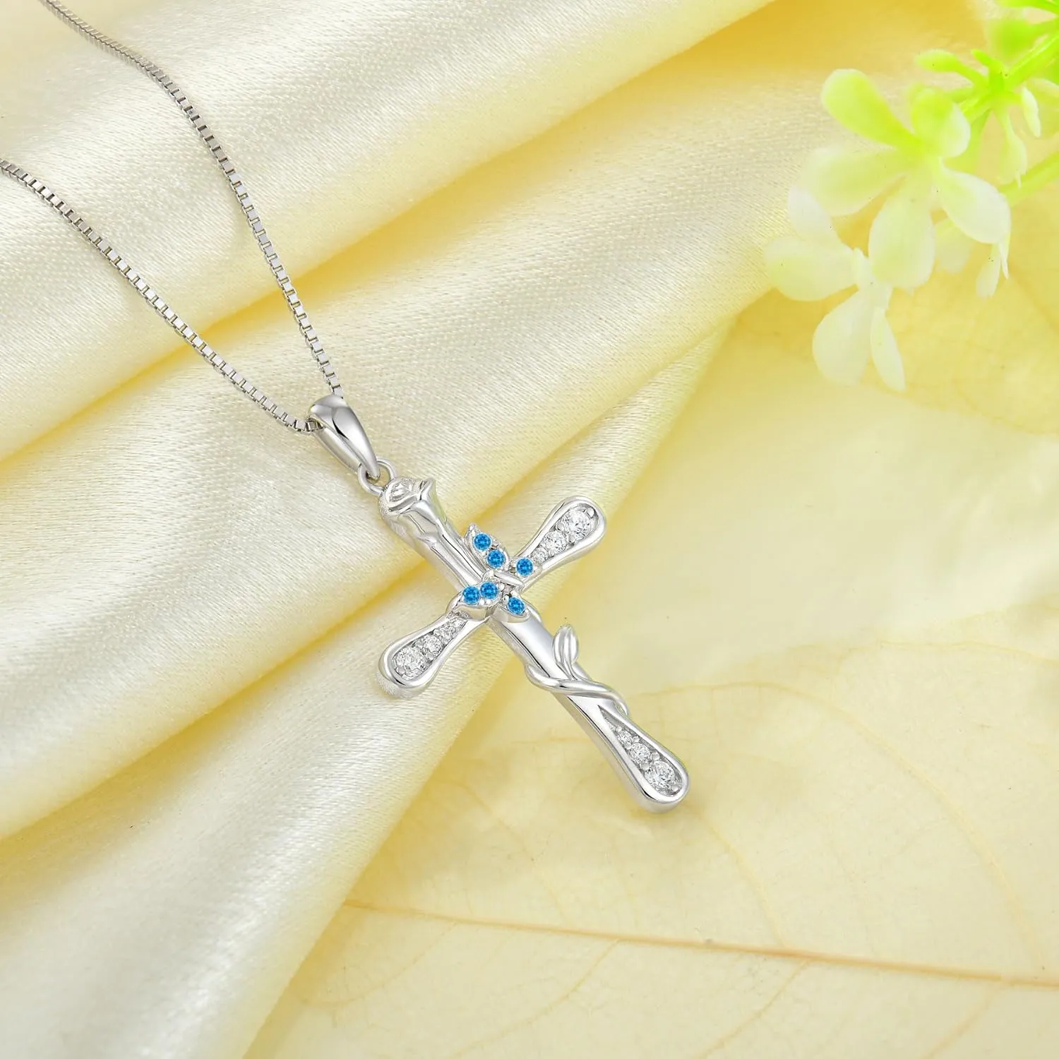 Cross Necklace for Women 925 Sterling Silver Butterfly Jewelry Birthstone Pendant Necklace for Mother's Day or Birthday