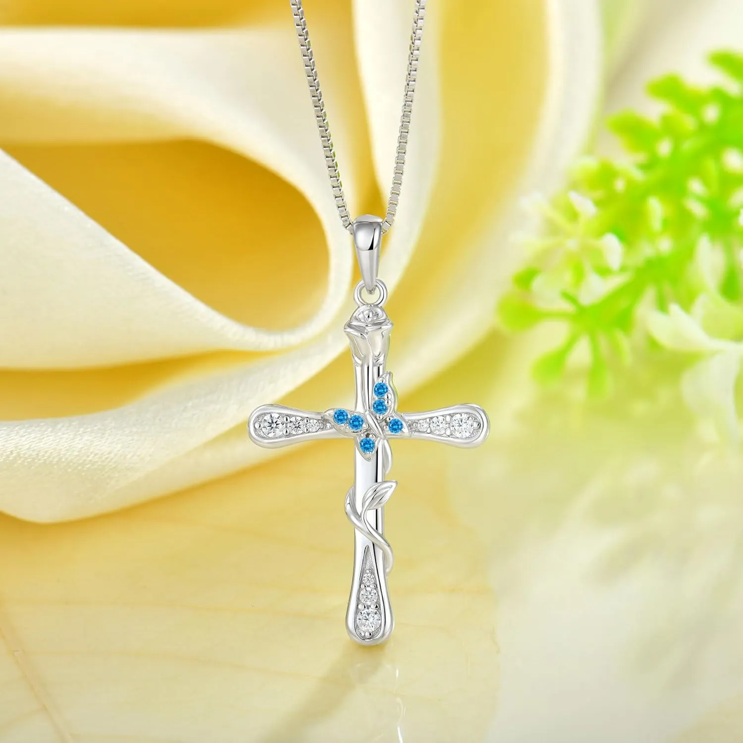 Cross Necklace for Women 925 Sterling Silver Butterfly Jewelry Birthstone Pendant Necklace for Mother's Day or Birthday