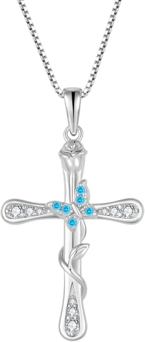 Cross Necklace for Women 925 Sterling Silver Butterfly Jewelry Birthstone Pendant Necklace for Mother's Day or Birthday