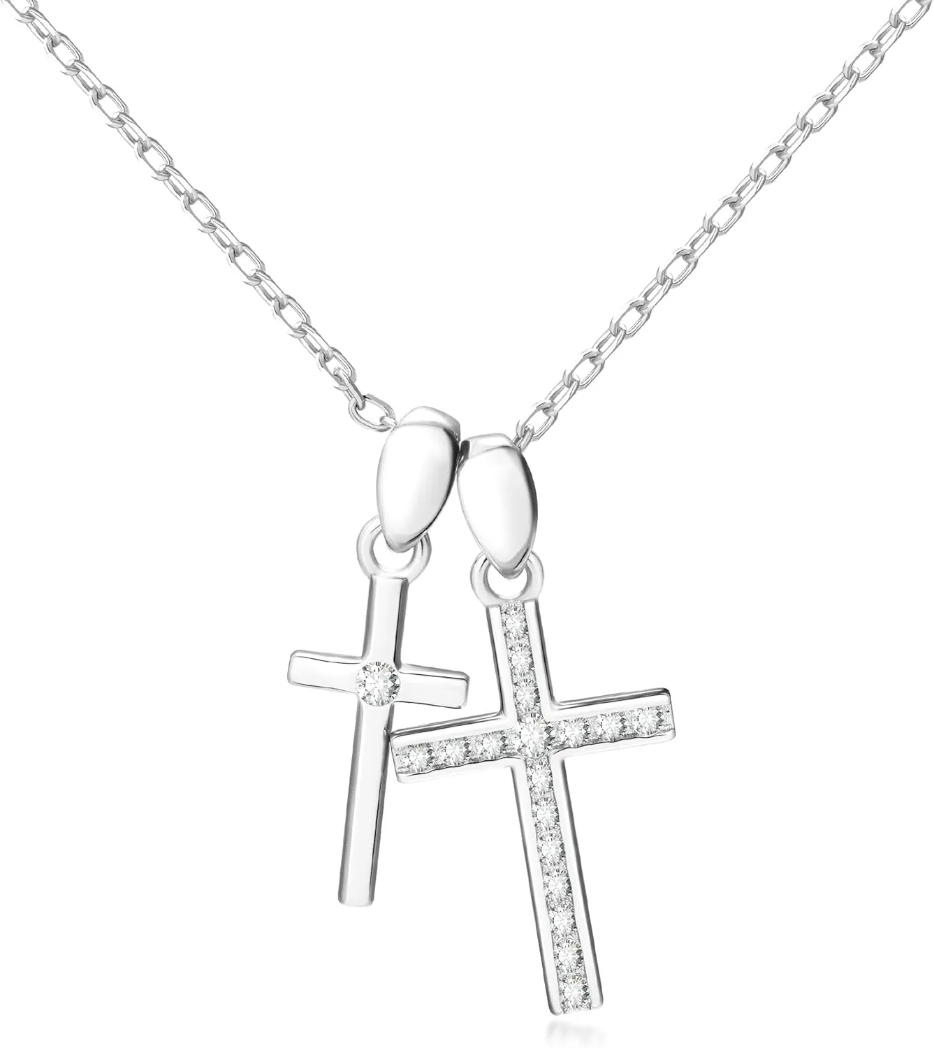 Cross Necklace for Women S925 Sterling Silver Double Cross Pendant Gold Plated White Gold Plated Cross Pendant with Zircon Cross Necklace Exquisite Ladies Jewelry