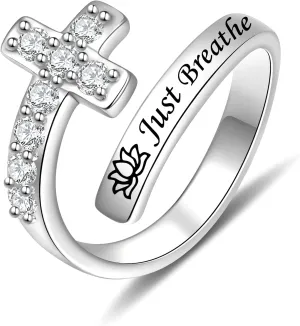 Cross Rings for Women - 925 Sterling Silver Adjustable Inspirational Rings Valentine Gifts for Women Men