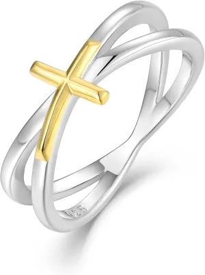Cross Rings for Women Sterling Silver with White Gold and Yellow Gold Plated Statement Ring for Her